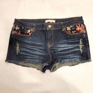 Forever 21 Dark Blue Distressed Shorts with Floral Pockets and Back | Size 31